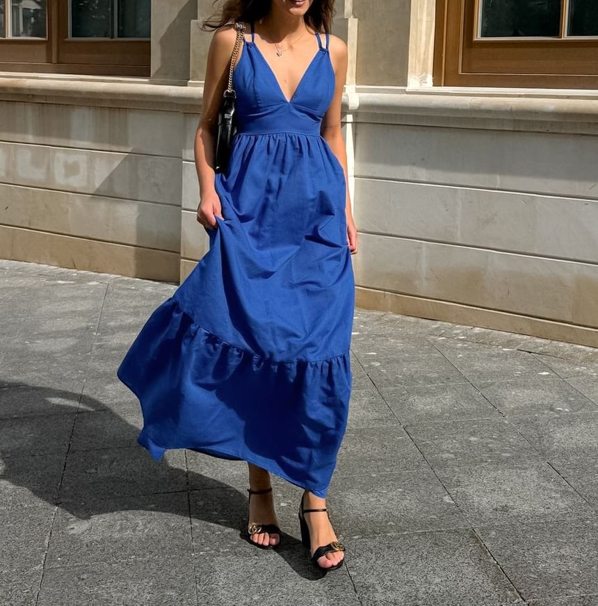 Spaghetti Strap V-Neck Plain Open-Back Maxi A-Line Dress