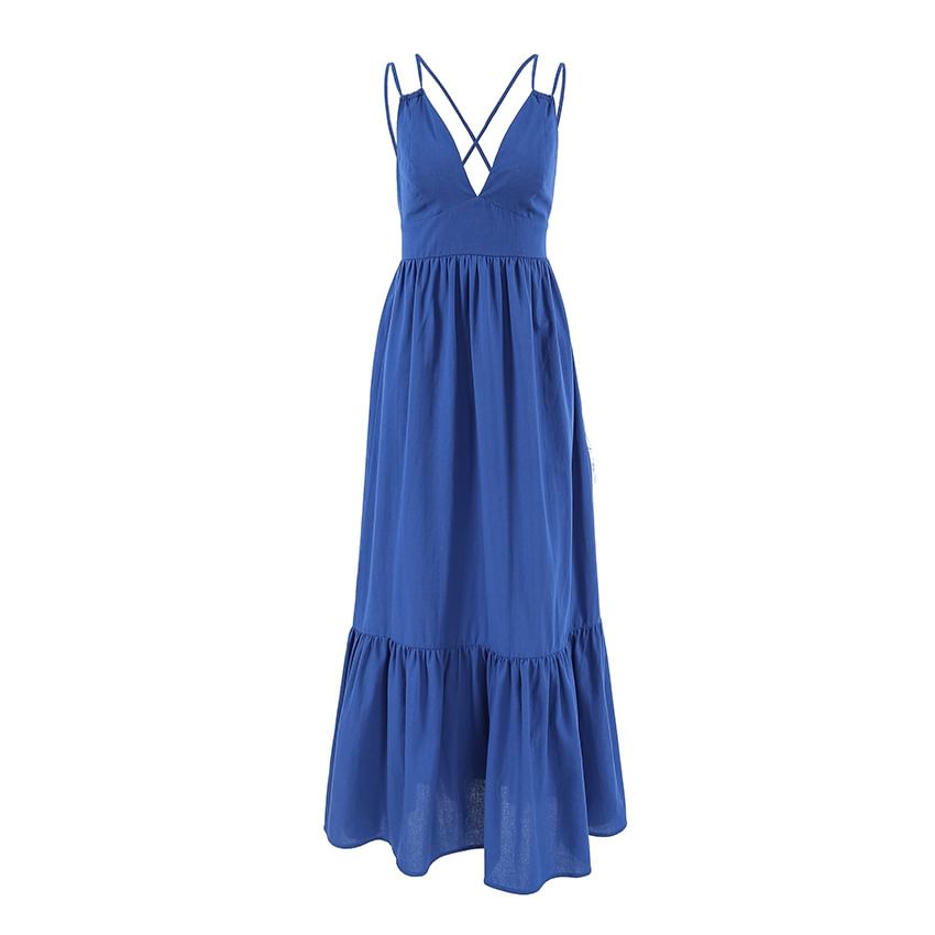 Spaghetti Strap V-Neck Plain Open-Back Maxi A-Line Dress