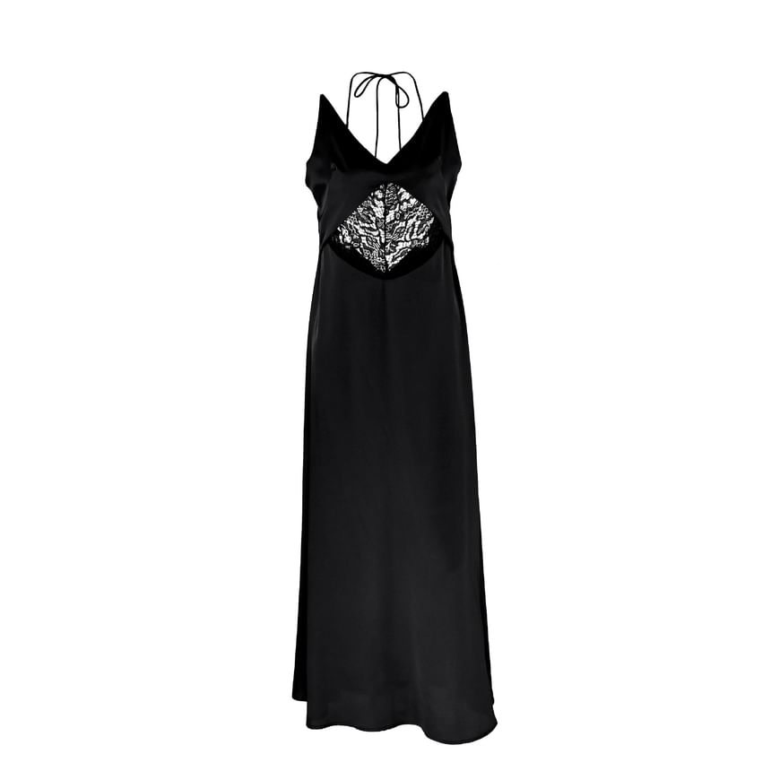 Spaghetti Strap V-Neck Lace Panel Open-Back Maxi Dress