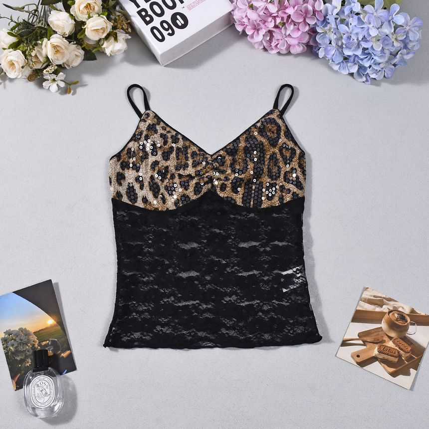 Sequin Leopard V-Neck Crop Camisole with Lace Panels