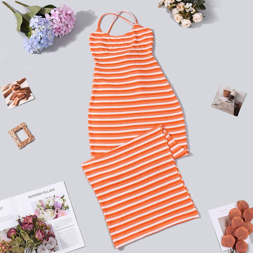 Spaghetti Strap Scoop Neck Striped Slit Maxi Bodycon Dress