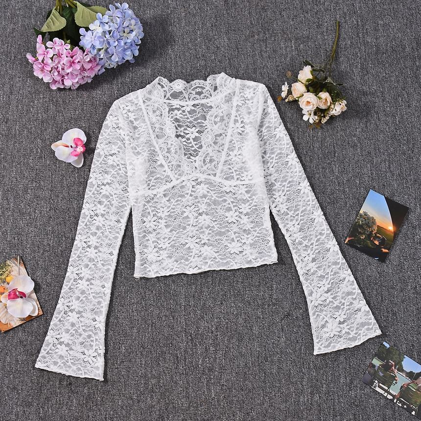 Sheer Slim-Fit Top with Lace V-Neck and Long Sleeves