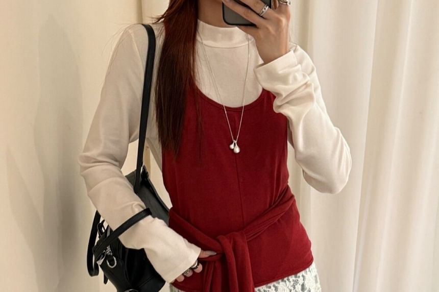 Long Sleeve Mock Neck Tee, Scoop Neck Tie-Waist Camisole, and Floral Lace A-Line Skirt Set