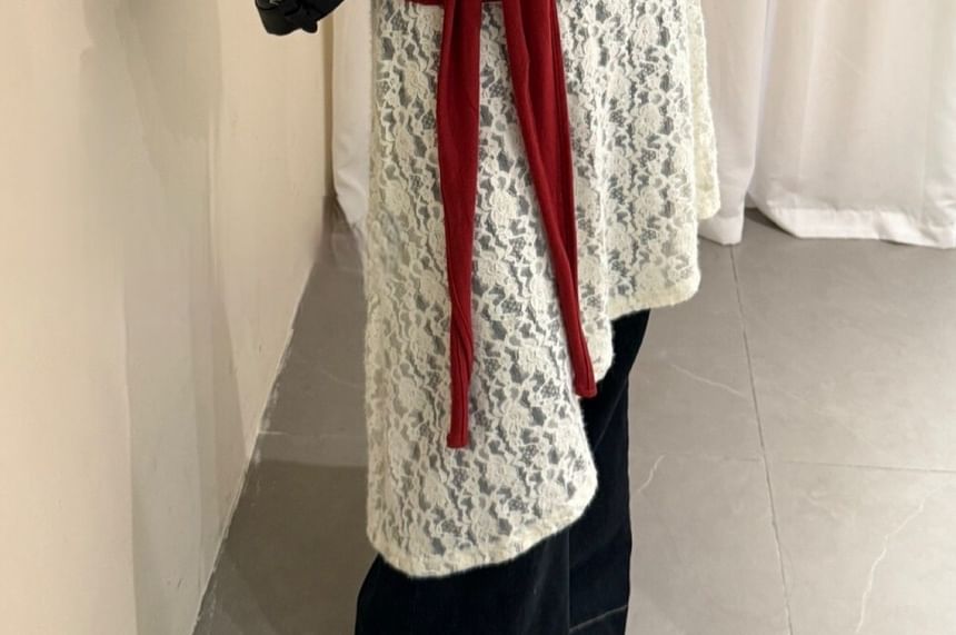 Long Sleeve Mock Neck Tee, Scoop Neck Tie-Waist Camisole, and Floral Lace A-Line Skirt Set