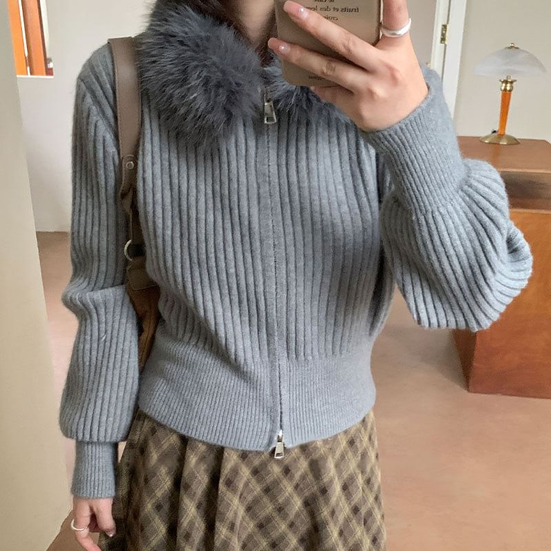 Furry Trim Plain Zip-Up Cardigan