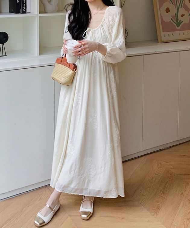 Maternity Long-Sleeve U-Neck Plain Maxi A-Line Dress