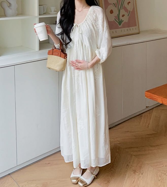 Maternity Long-Sleeve U-Neck Plain Maxi A-Line Dress