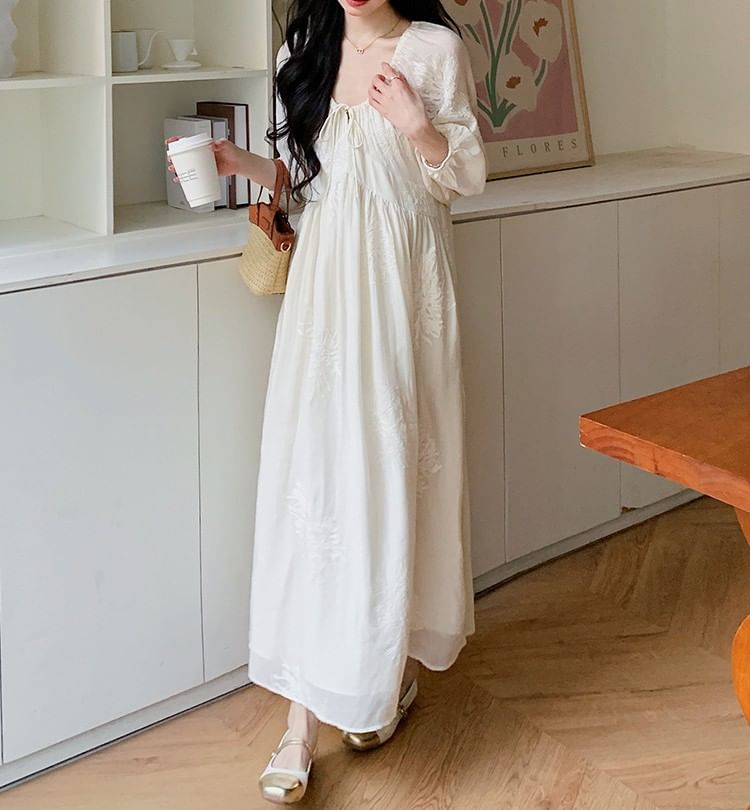 Maternity Long-Sleeve U-Neck Plain Maxi A-Line Dress