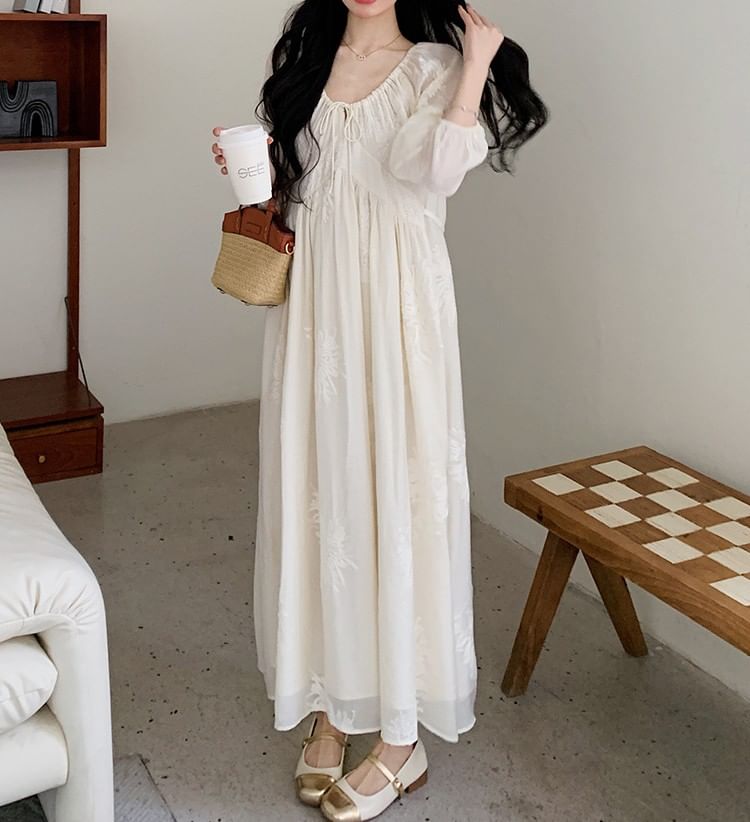 Maternity Long-Sleeve U-Neck Plain Maxi A-Line Dress