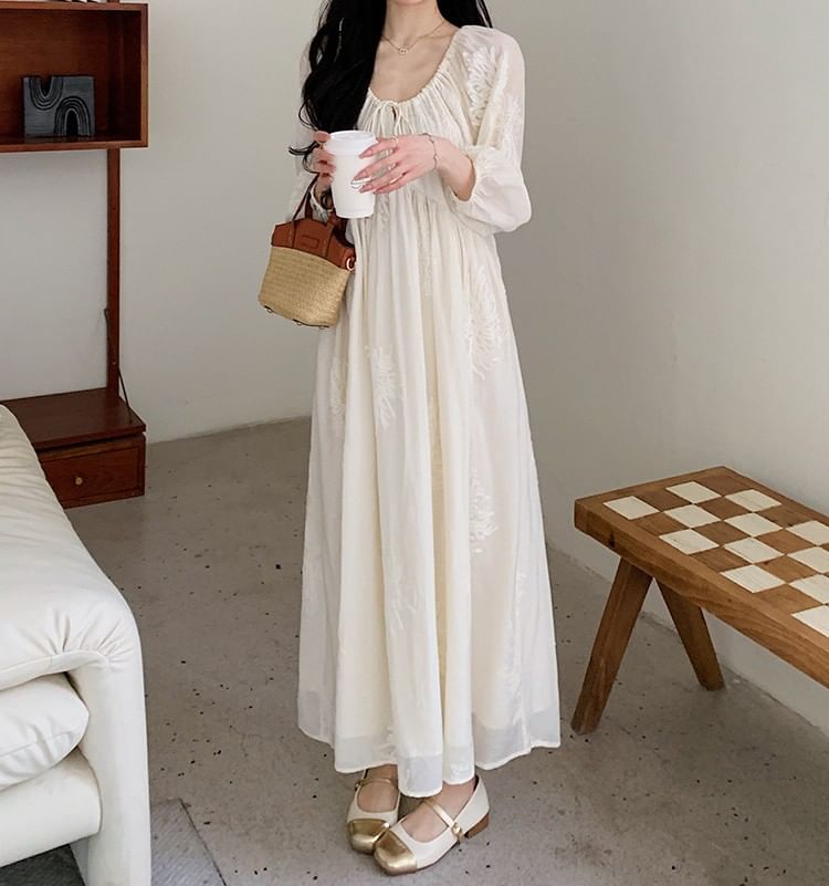 Maternity Long-Sleeve U-Neck Plain Maxi A-Line Dress