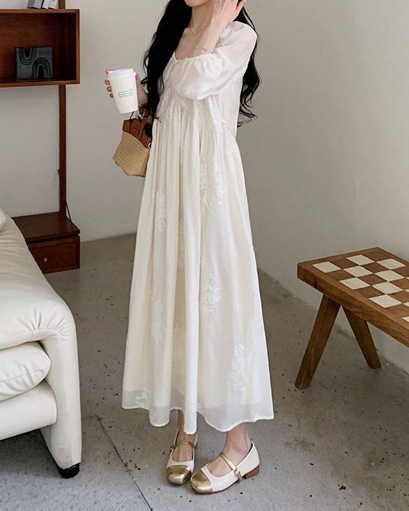 Maternity Long-Sleeve U-Neck Plain Maxi A-Line Dress