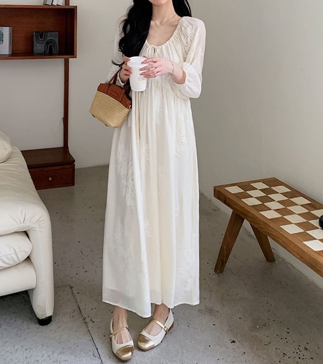 Maternity Long-Sleeve U-Neck Plain Maxi A-Line Dress