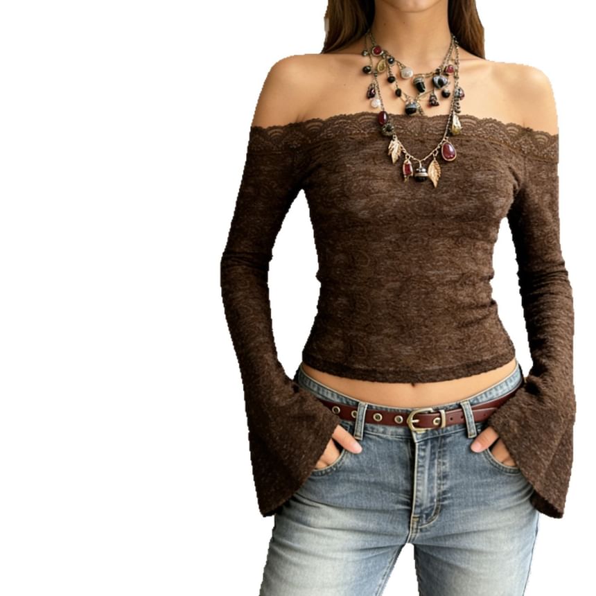 Off-Shoulder Crop Tee with Lace Detail and Long Sleeves