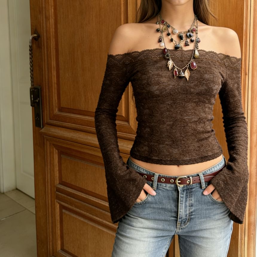 Off-Shoulder Crop Tee with Lace Detail and Long Sleeves