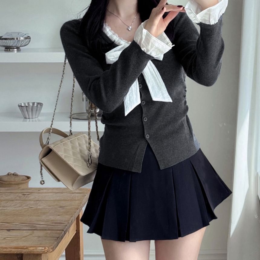 Knit Top with Lace Trim V-Neck and Button Closure