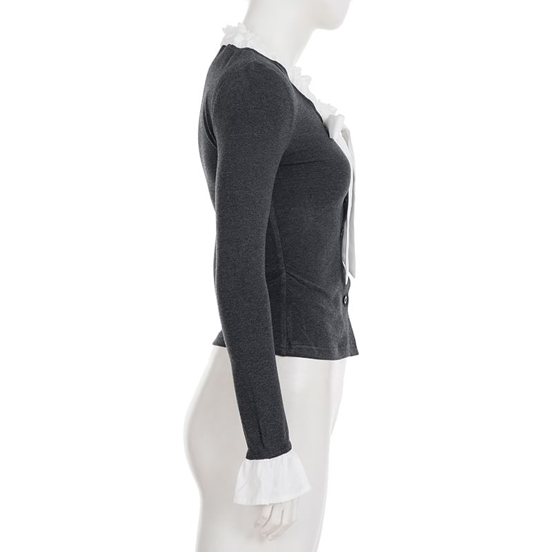 Knit Top with Lace Trim V-Neck and Button Closure