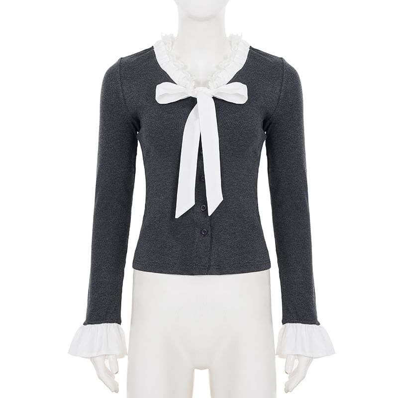 Knit Top with Lace Trim V-Neck and Button Closure