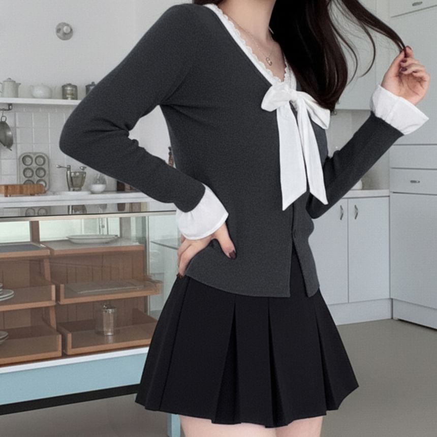 Knit Top with Lace Trim V-Neck and Button Closure