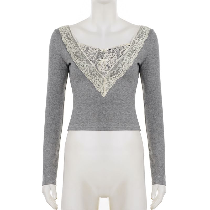 Square-Neck Tee with Lace Trim and Long Sleeves