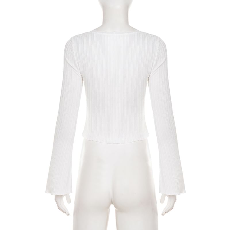 V-Neck Top with Lace Trim and Long Sleeves