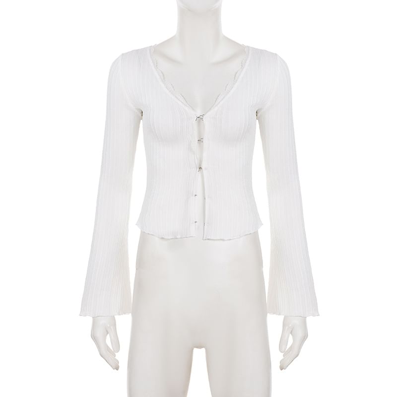 V-Neck Top with Lace Trim and Long Sleeves