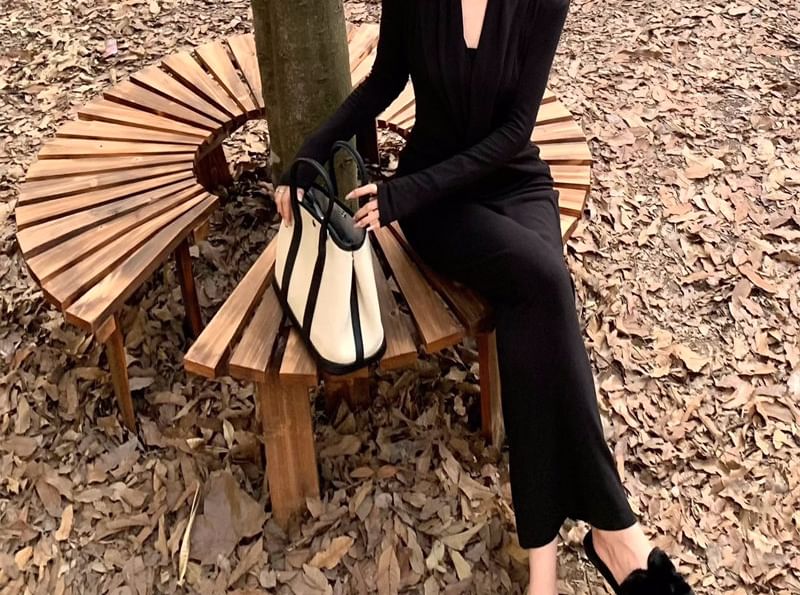 Set: Long-Sleeve V-Neck Plain Ruched Maxi Sheath Dress + Crop Tube Top