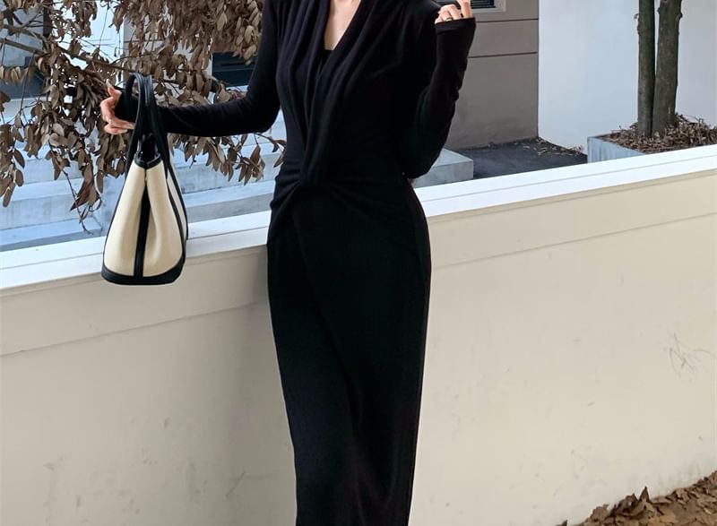 Set: Long-Sleeve V-Neck Plain Ruched Maxi Sheath Dress + Crop Tube Top