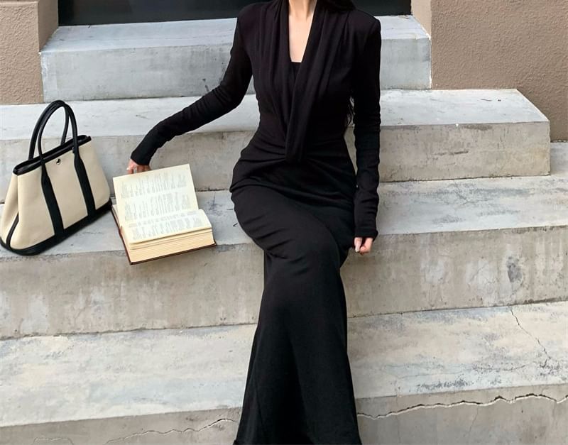 Set: Long-Sleeve V-Neck Plain Ruched Maxi Sheath Dress + Crop Tube Top