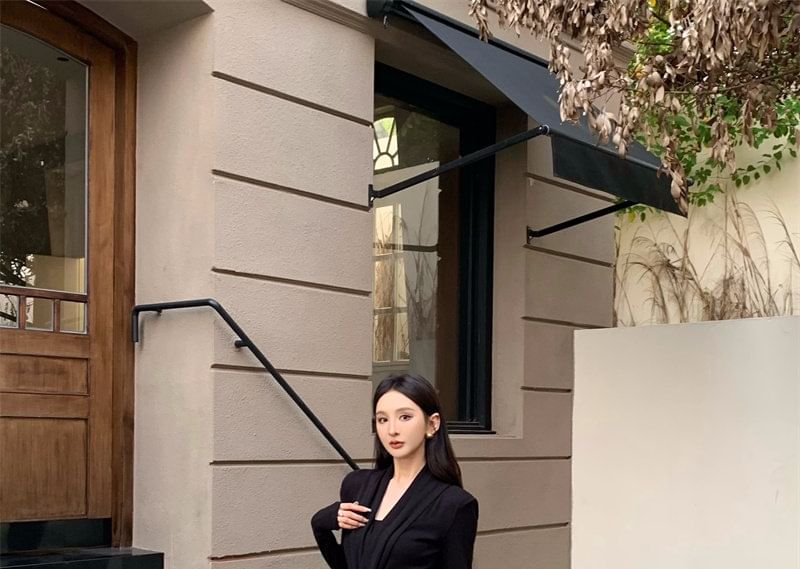 Set: Long-Sleeve V-Neck Plain Ruched Maxi Sheath Dress + Crop Tube Top