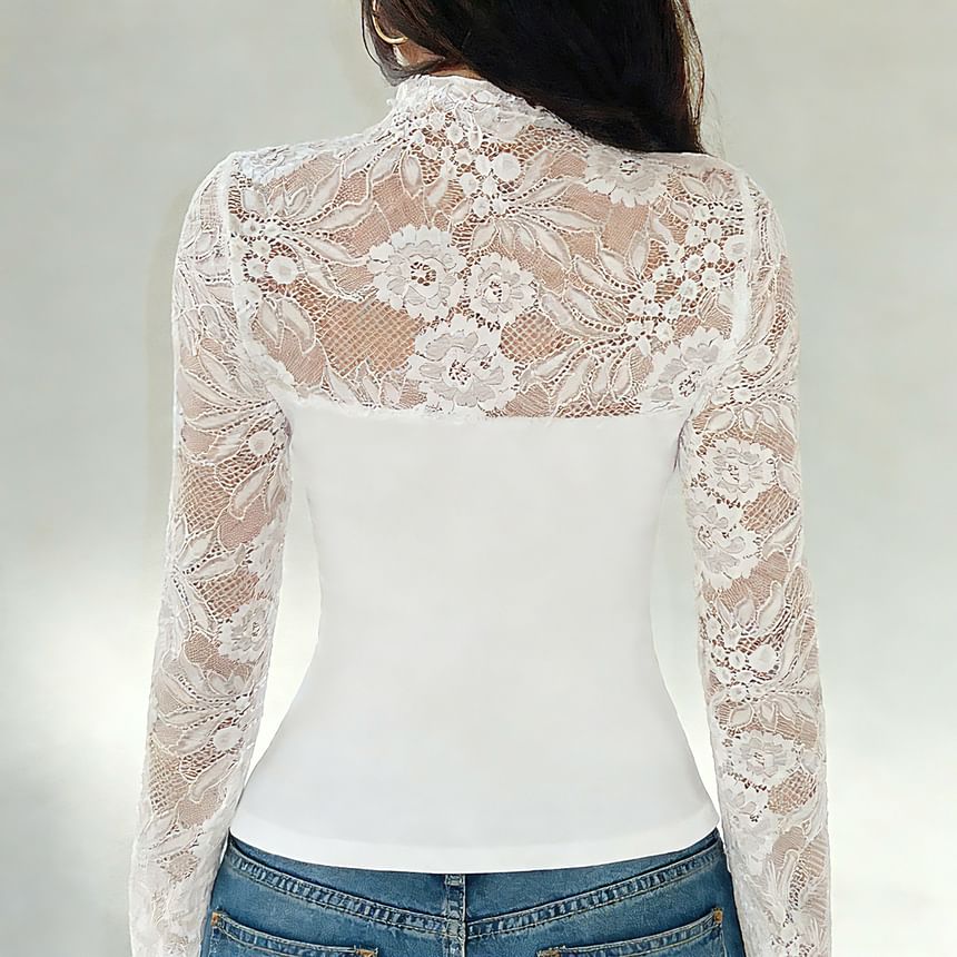 Mock Neck Long Sleeve Lace Cut-Out Slim Top
