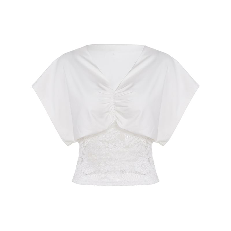 Short Sleeve V-Neck Ruched Lace Panel Crop Top