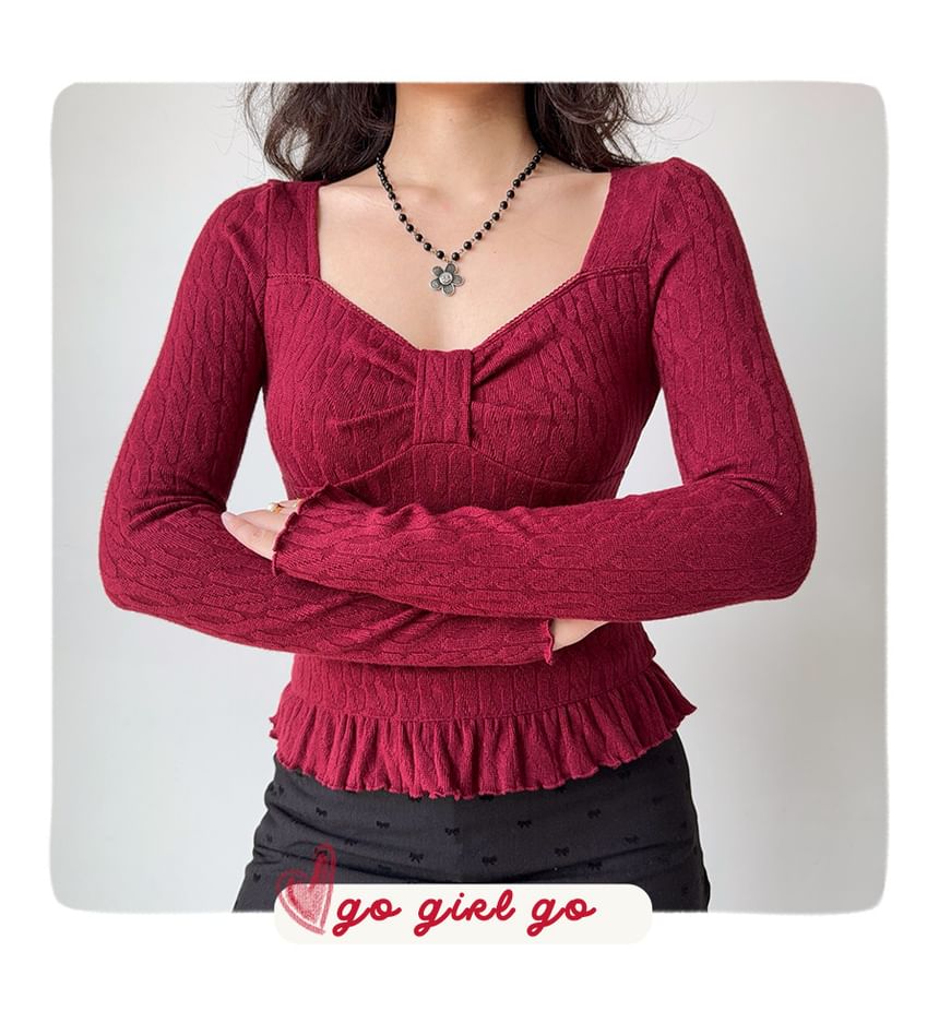 V-Neck Cropped Long-Sleeve Top in Solid Tone