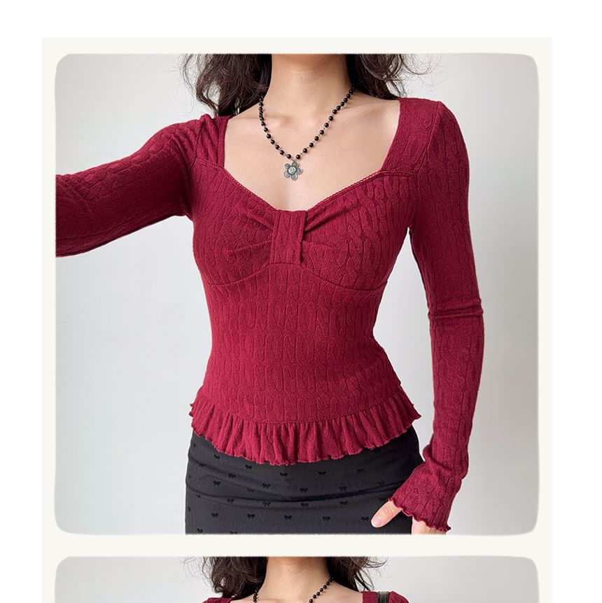 V-Neck Cropped Long-Sleeve Top in Solid Tone