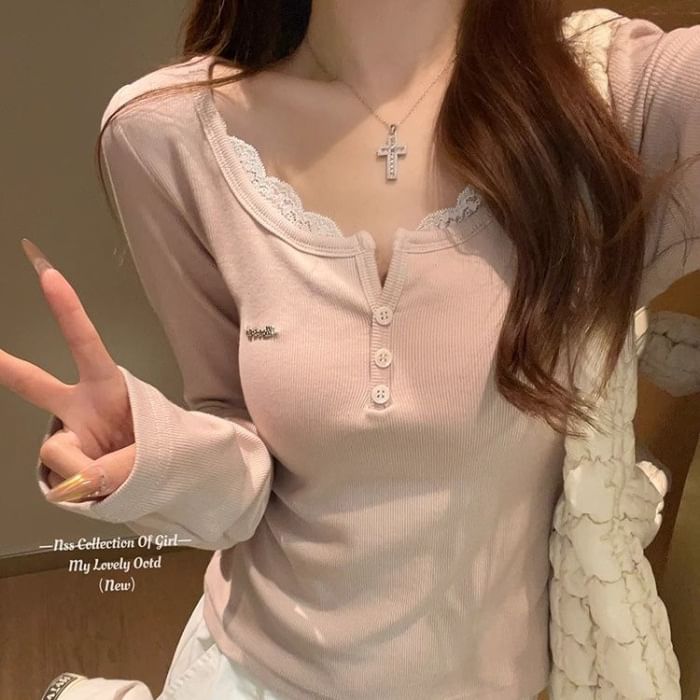 Mock Two-Piece Long Sleeve Lace Top