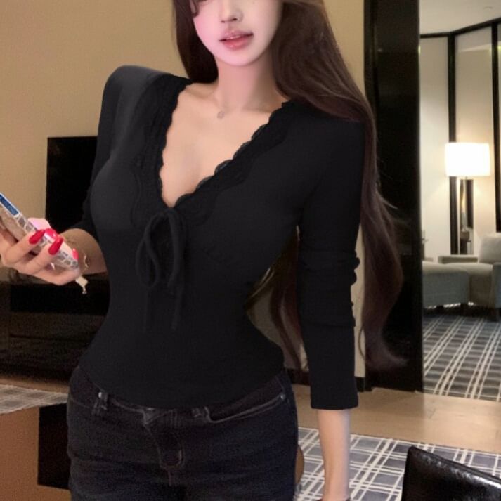 V-Neck Long Sleeve Lace Trim Top