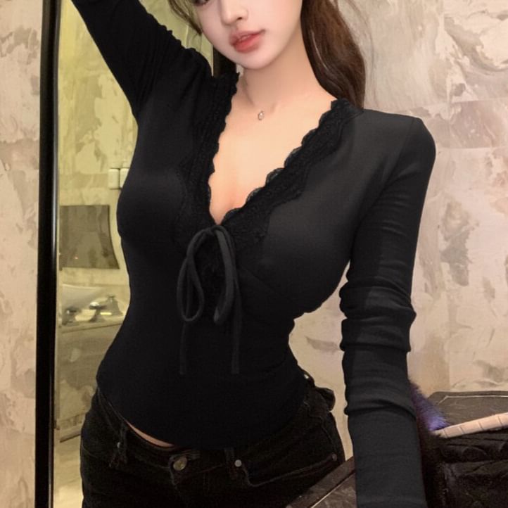 V-Neck Long Sleeve Lace Trim Top