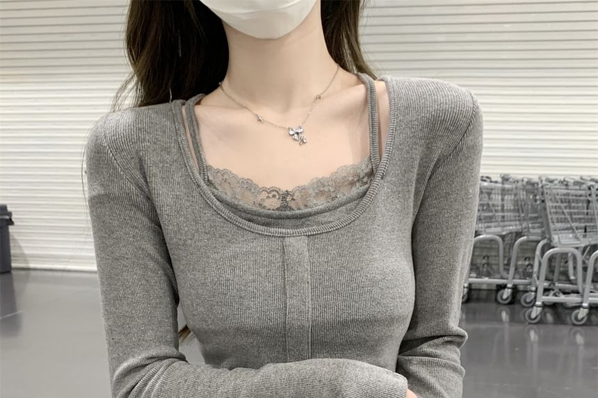 Mock Two-Piece Long Sleeve Lace Trim Top