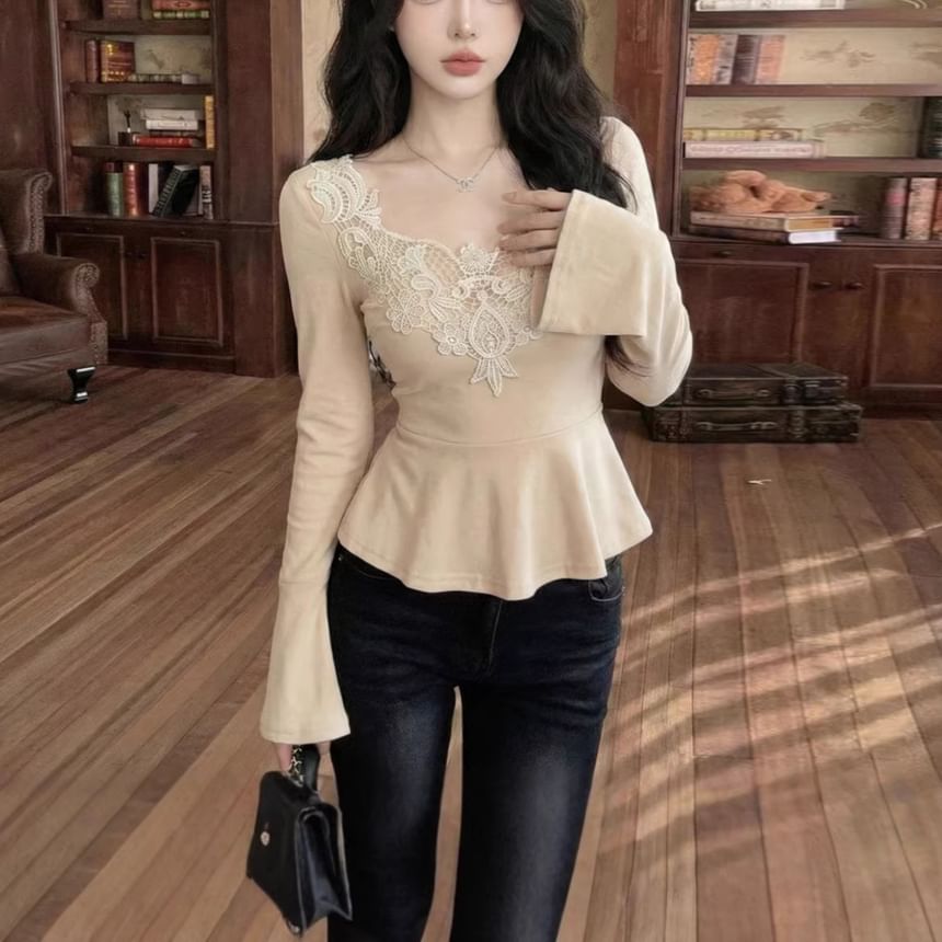 Flared Sleeve Lace Trim Flowy Blouse