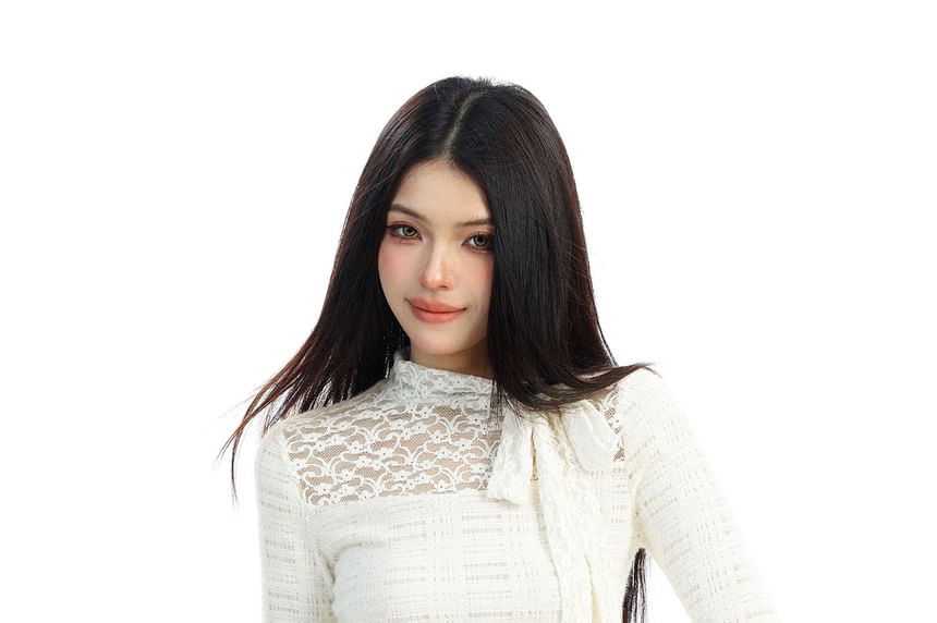 Long Sleeve Lace Panel Plain Top