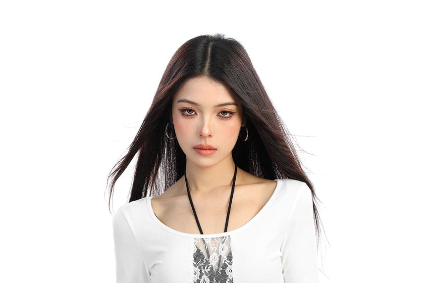 Scoop Neck Long Sleeve Lace Crop Top