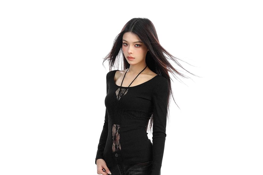 Scoop Neck Long Sleeve Lace Crop Top