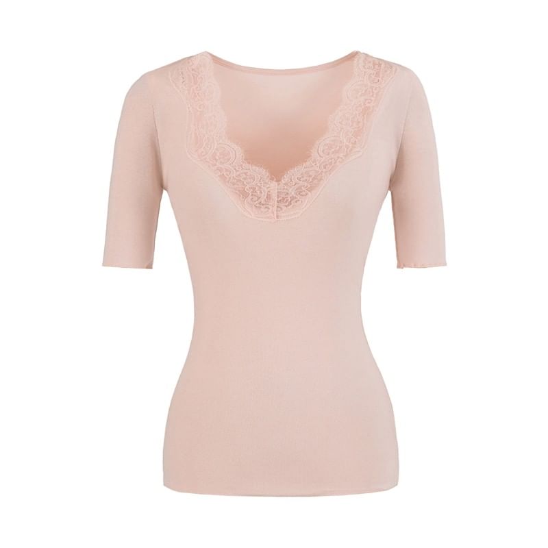 Lace Trim V-Neck Short-Sleeve Top