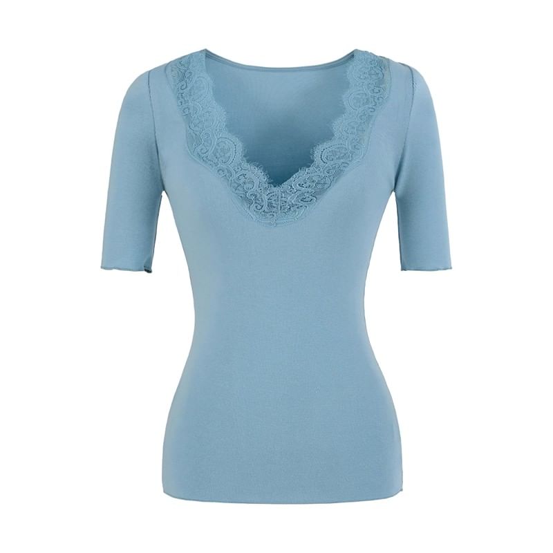Lace Trim V-Neck Short-Sleeve Top