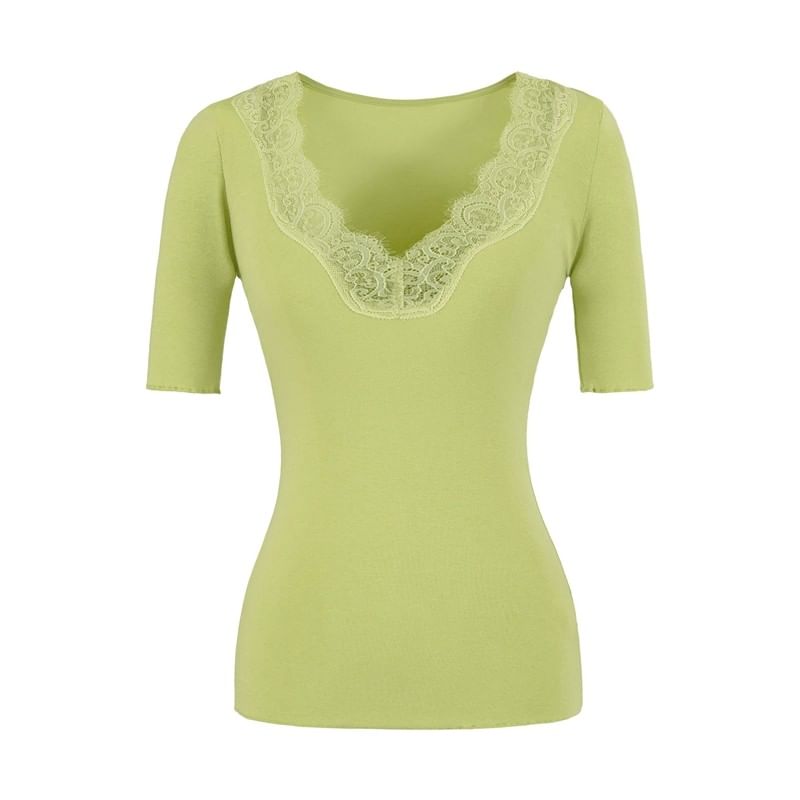 Lace Trim V-Neck Short-Sleeve Top