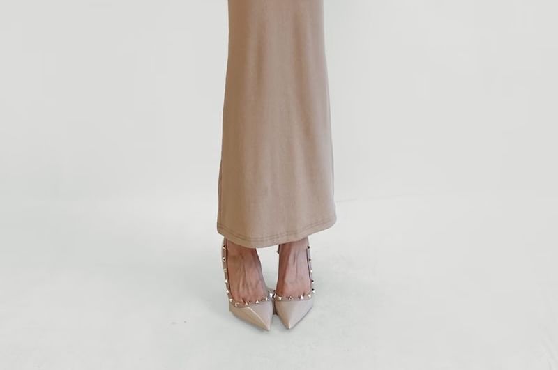 Short-Sleeve V-Neck Plain Maxi Sheath Dress