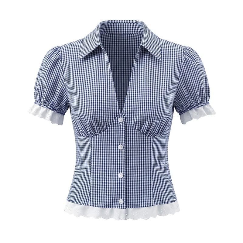 Micro Check Lace Trim Shirt & Mini Pleated Skirt