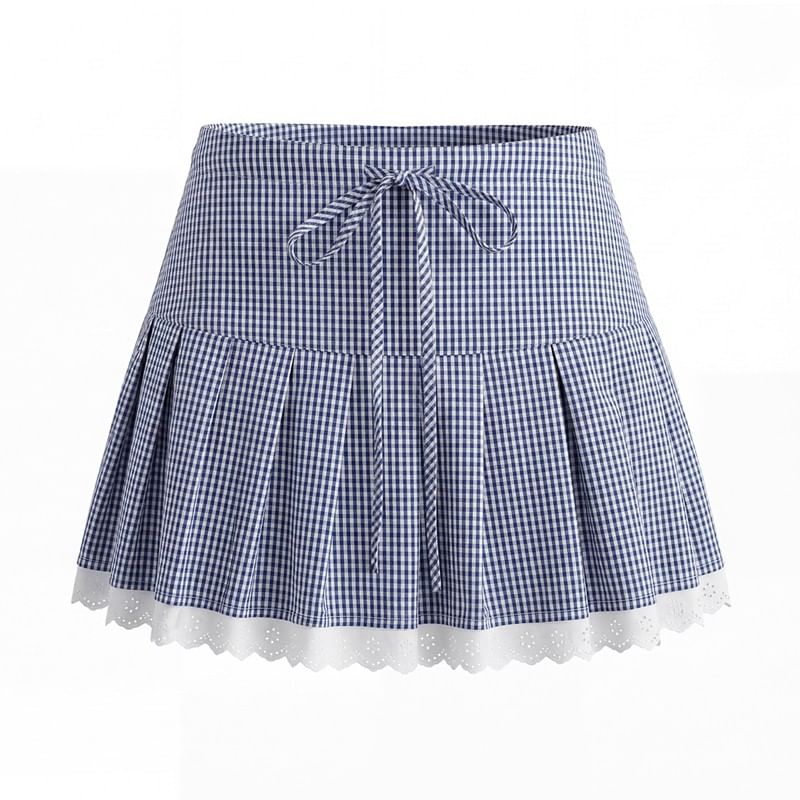 Micro Check Lace Trim Shirt & Mini Pleated Skirt