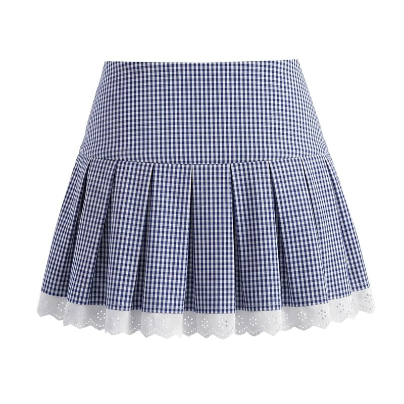 Micro Check Lace Trim Shirt & Mini Pleated Skirt