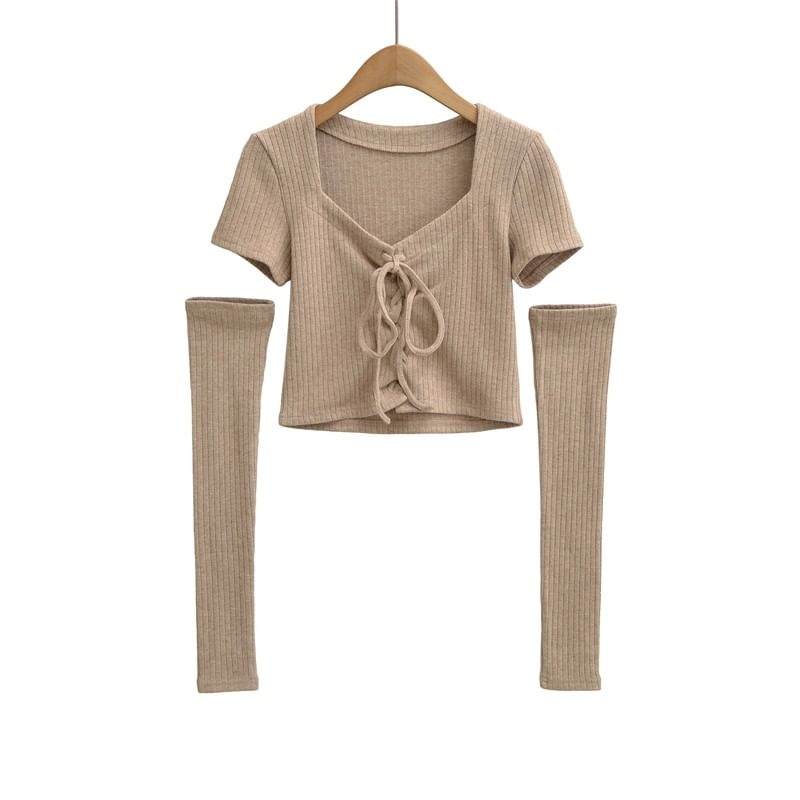 Set: V-Neck Crop Top & Arm Sleeves