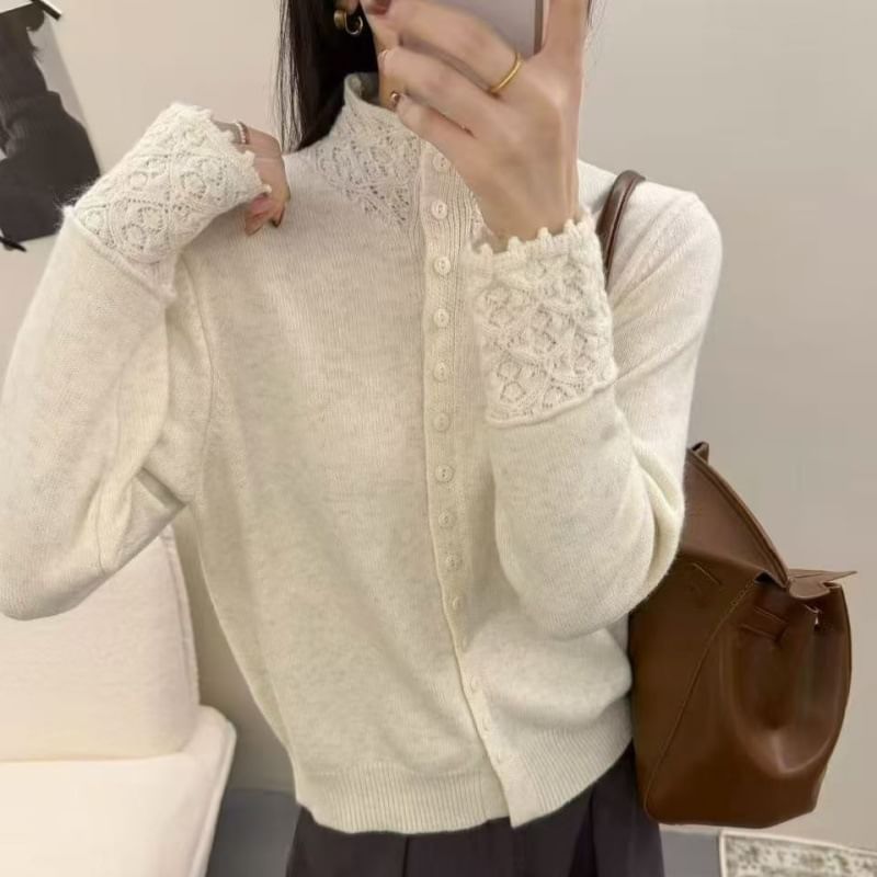 Stand Collar Crochet Knit Panel Button-Up Plain Cardigan
